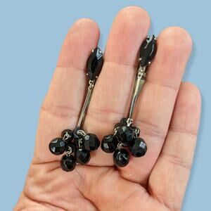 Vintage French Jet Dangle Clip On Earrings